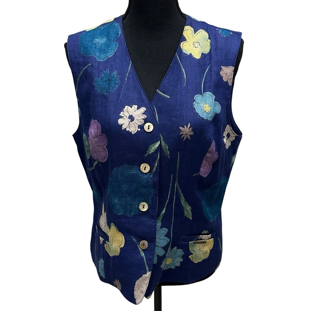 Geiger‎ Collections Floral Linen Vest Women's Size 40 Blue Austria Vintage